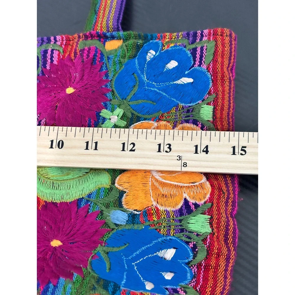 Mexican Floral Embroidered Tote Bag Boho Striped Woven Shoulder Bag Multi-Color